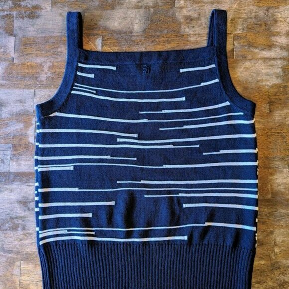 ST. JOHN SPORT Wool Blend Knit Tank Top Navy Blue White Stripe Sleeveless EUC - Picture 2 of 3